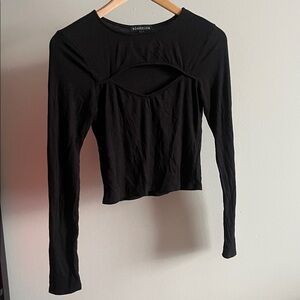 Black Ribbed Long Sleeve Cutout Top